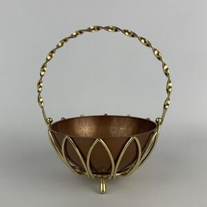 Vintage Twisted Gold Toned Metal Handle Basket w/ Plastic Copper Bowl MCM Kitsch